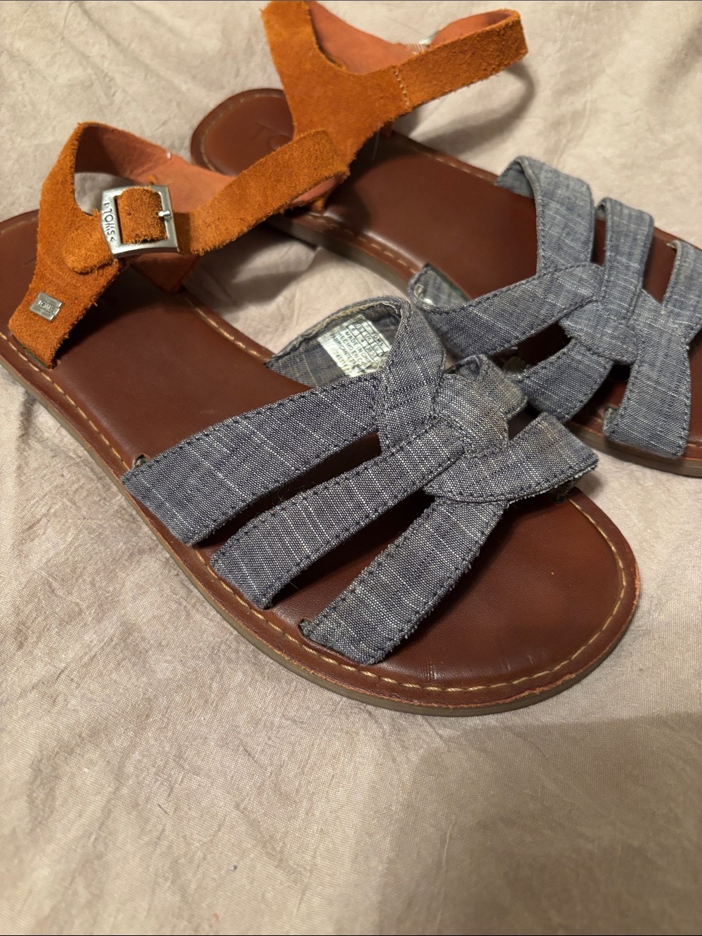 Toms Brown Footbed Tan Suede Ankle Strap Blue Chambray Knot Sandals